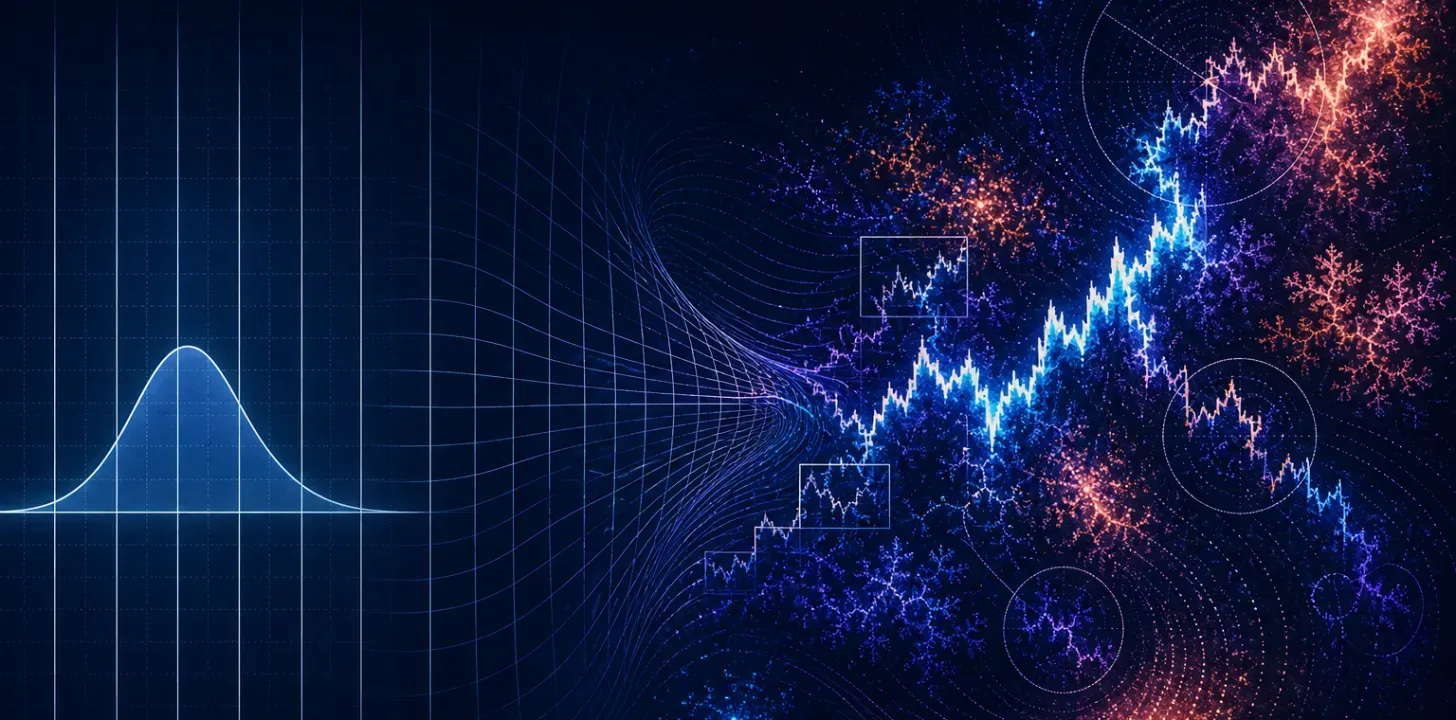 A regular grid warping into an irregular financial price path with concentrated bursts of movement