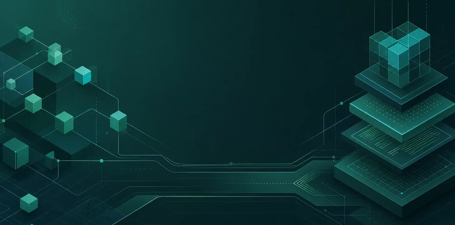 Editorial illustration of a Go module and build pipeline: geometric blocks and layered lines on a teal and slate background