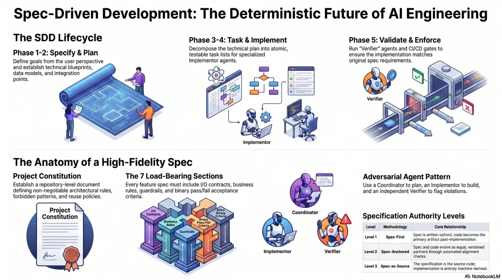 Infographic showing the spec-driven development lifecycle, high-fidelity spec anatomy, agent roles, and specification authority levels